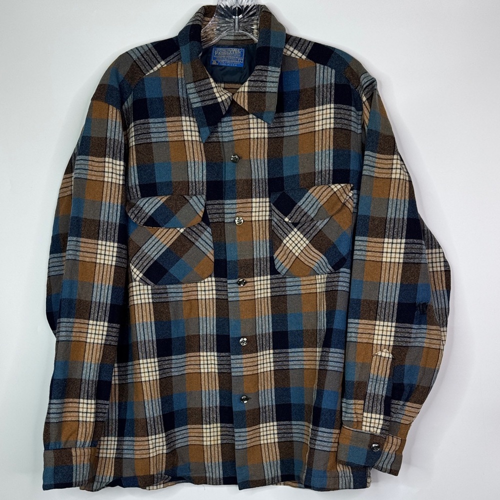 Vintage Pendleton Board Shirt Blue Brown Wool Plaid Loop Collar Flap Pockets L